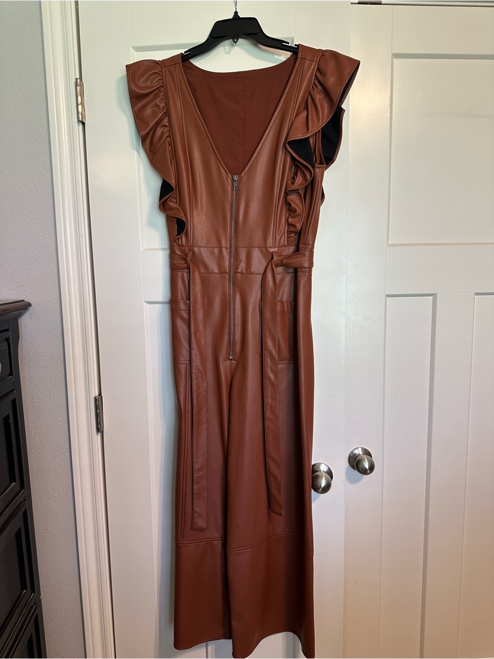 Anthropologie Brown Faux Leather Ruffle-Sleeve Maxi Dress
